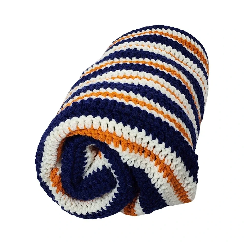 Handmade Crochet Broncos Chicago Bears Afghan‎ Blanket Navy Orange White Stripe